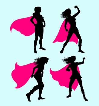 4 shadow images of a woman with a pink cape